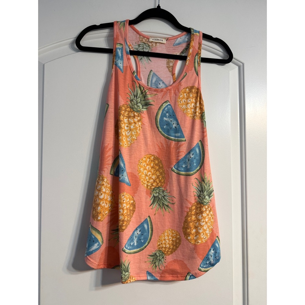 Viamor Tank Top Medium Peach Pineapple Watermelon Fruit Racerback Tropical